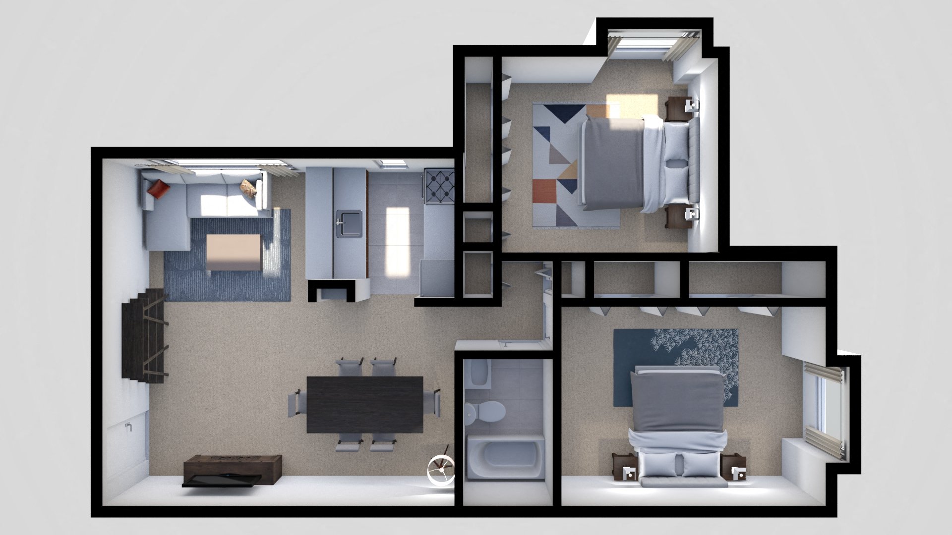 Floor plan for 2 beds, 1 bath, 851 sqft